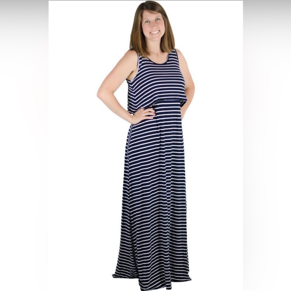 Latched Mama navy & white striped maxi dress